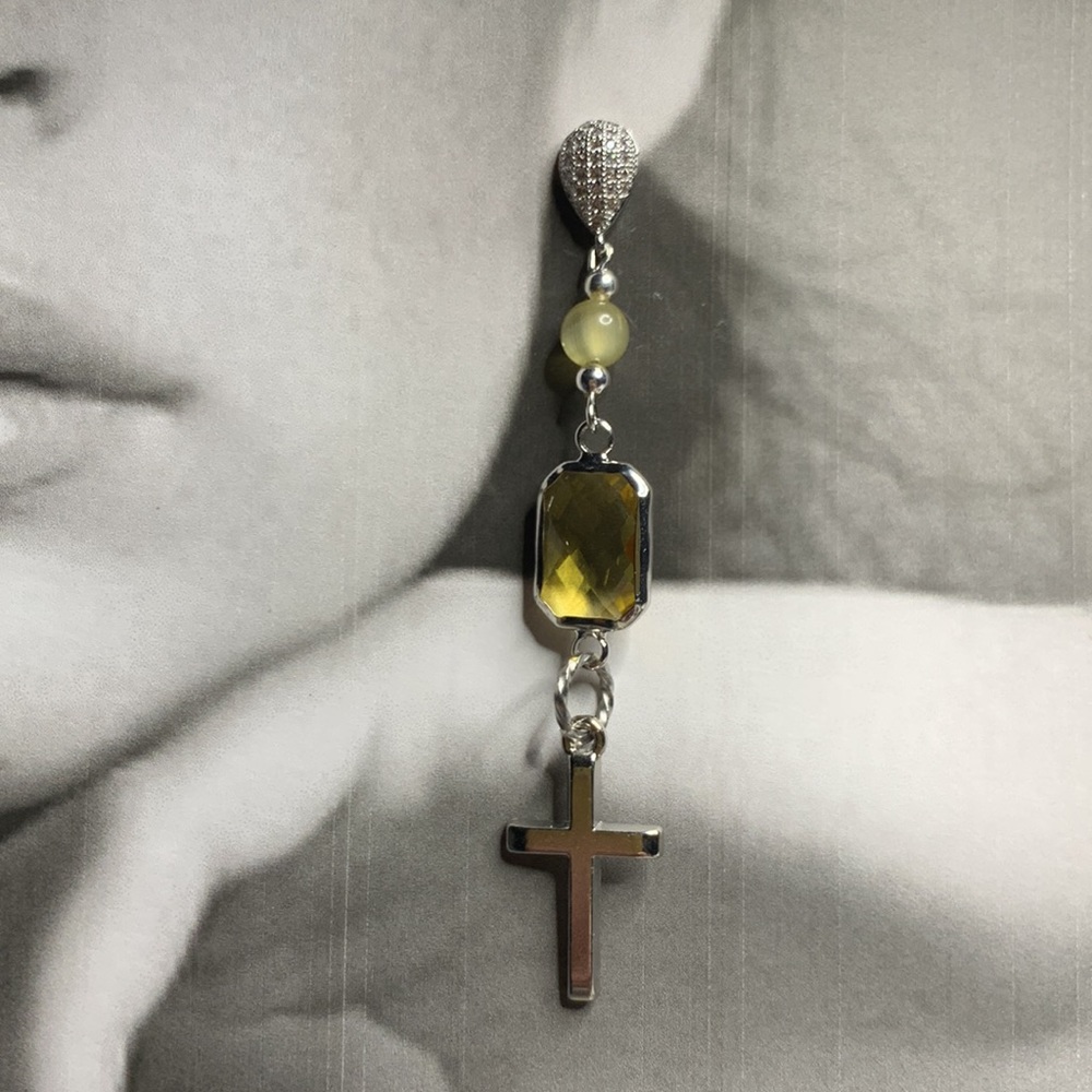Long Sheer Yellow Topaz November w Drop Dangle cross on CZ Stud Post Earrings